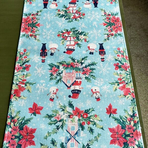Vintage Style Snowman Toy Soldiers Village Christmas Flowers Linen Table Runner - Picture 6 of 7
